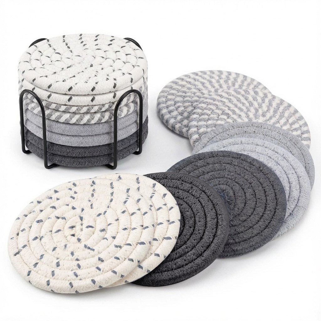 Jeernare 두툼한 코스터 삼베끈 컵받침 8개+수납 스탠드 세트, 1세트, 그레이 혼합 14,800원