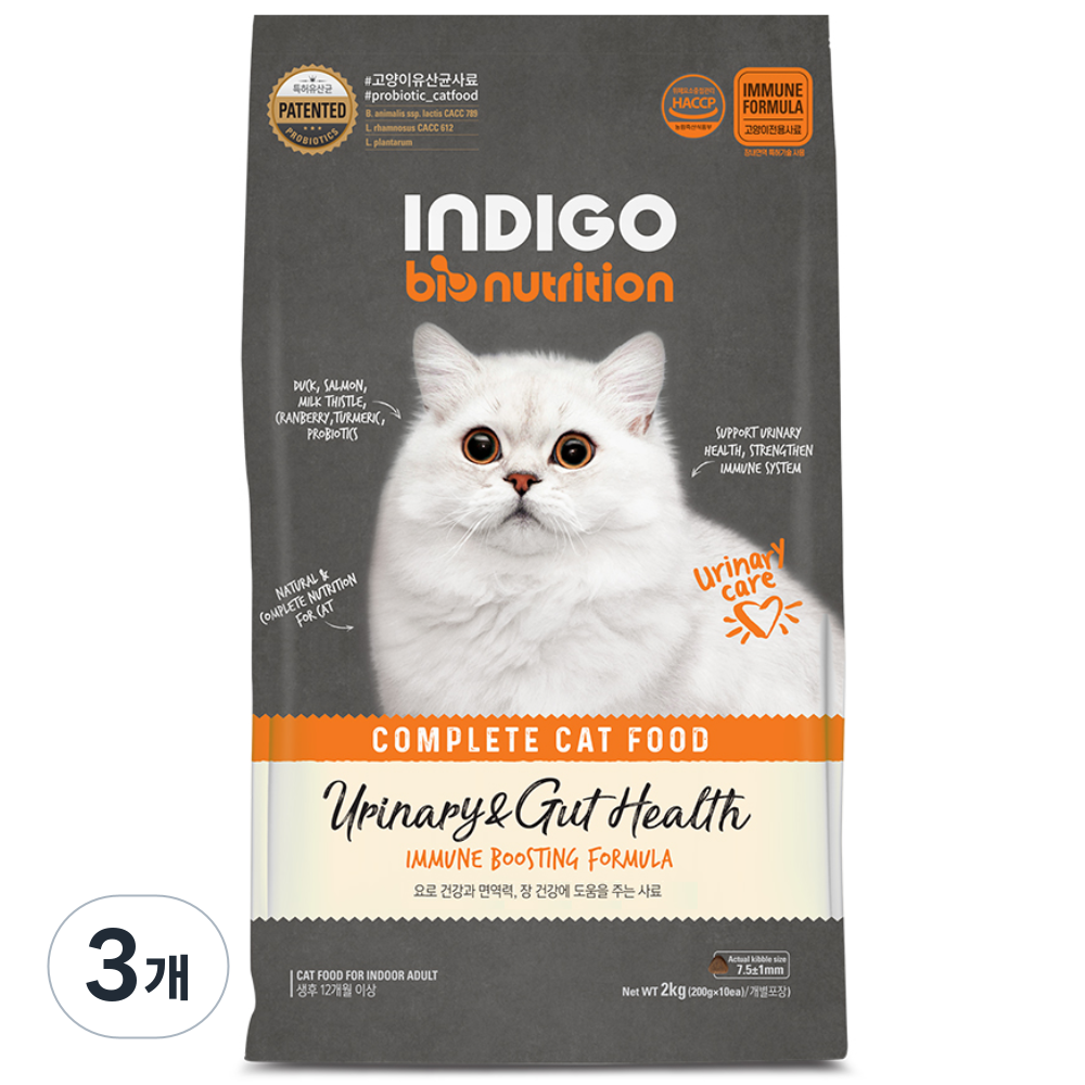 INDIGO 전연령 고양이 바이오뉴트리션 면역앤 기능성 사료, 유리너리+장건강, 2kg, 3개 81,000원