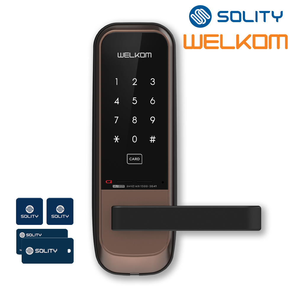 웰콤 WL-205 나무문용 무타공 카드키4개+번호키 백세트조절가능 무음모드 비상전원 방문손잡이 사무실 병원 목문 판넬문 샷시문 패션문 ABS도어 솔리티 도어록 현관문 디지털도어락, 고객직접설치, WL-205 80,000원