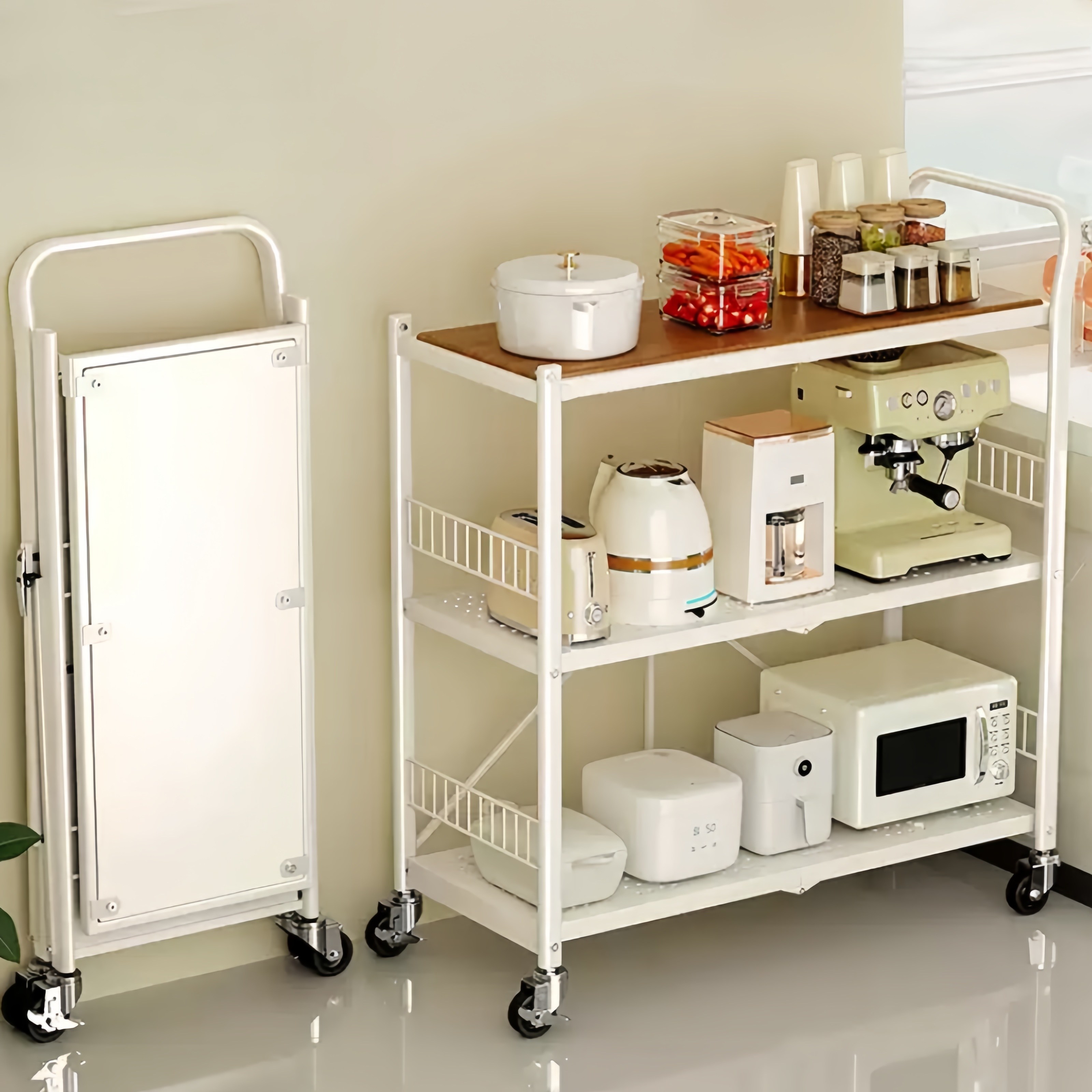 GOOD MOMENT 주방용 접이식 이동식 수납 전자레인지 선반 3단 트롤리 테이블, 3단, 화아트 61,600원