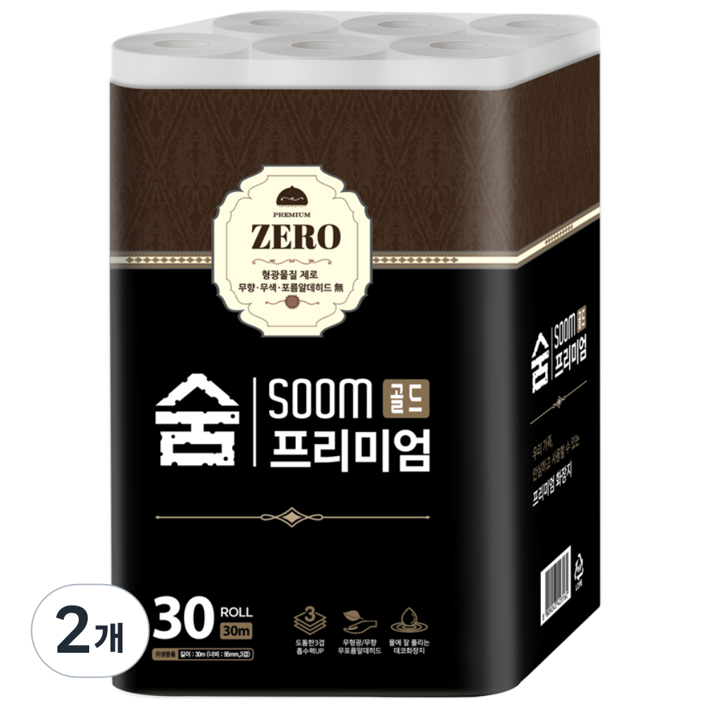 숨 프리미엄 골드제로 도톰한 3겹 무형광 화장지, 2개, 30롤, 30m 22,990원