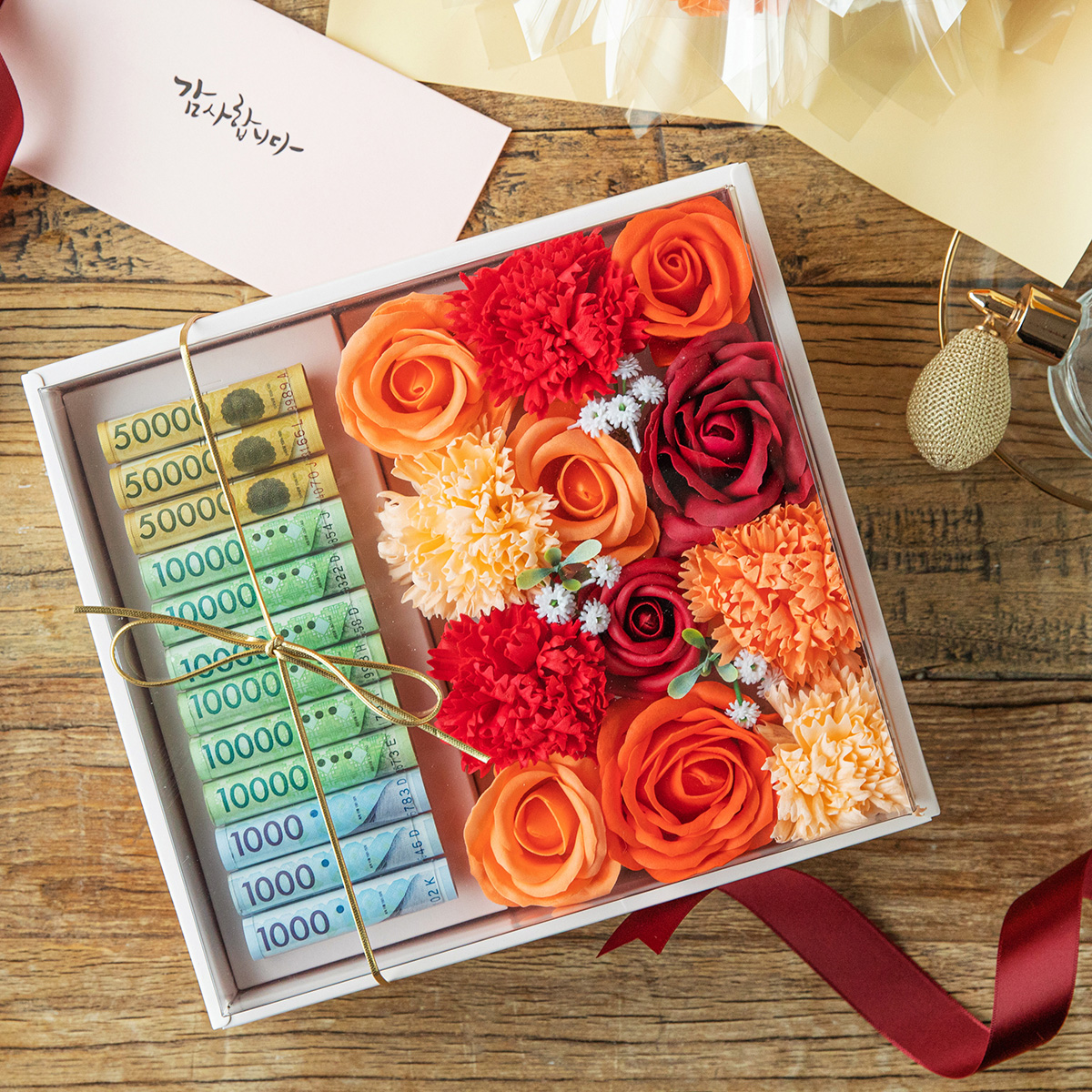 뷰티풀데코센스 비누꽃 조화 용돈박스 + 감사편지봉투 + 머니캡 12p + 보자기 + 고급태슬 + 쇼핑백 세트, 레드, 1개 16,900원