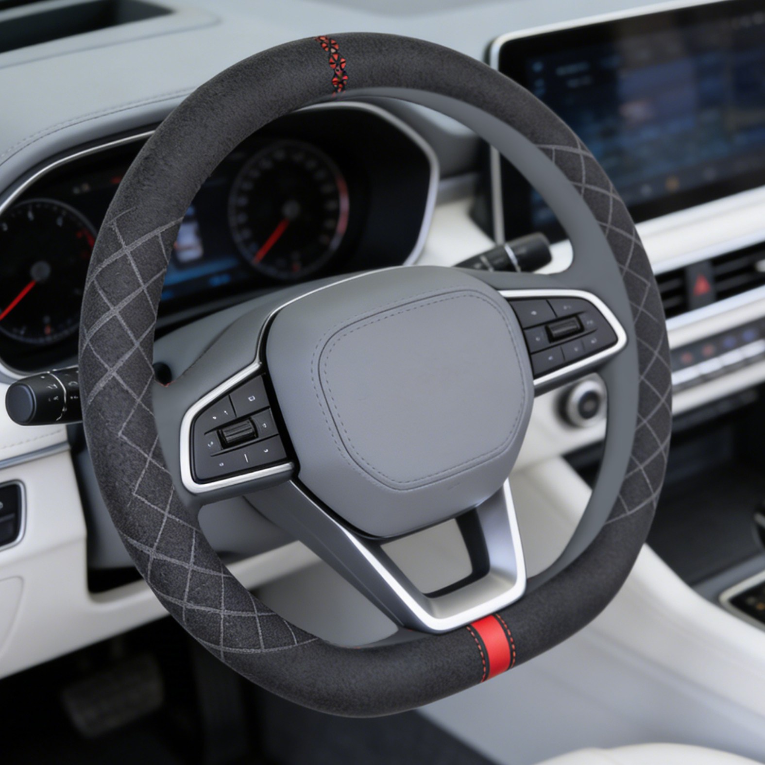 Ryusei 자동차 핸들커버 알칸타라 논슬립 원형 D컷 기아 제네시스 현대 아우디 벤츠 쉐보레 BMW 호환 R067, 블랙+빨간색 35,900원