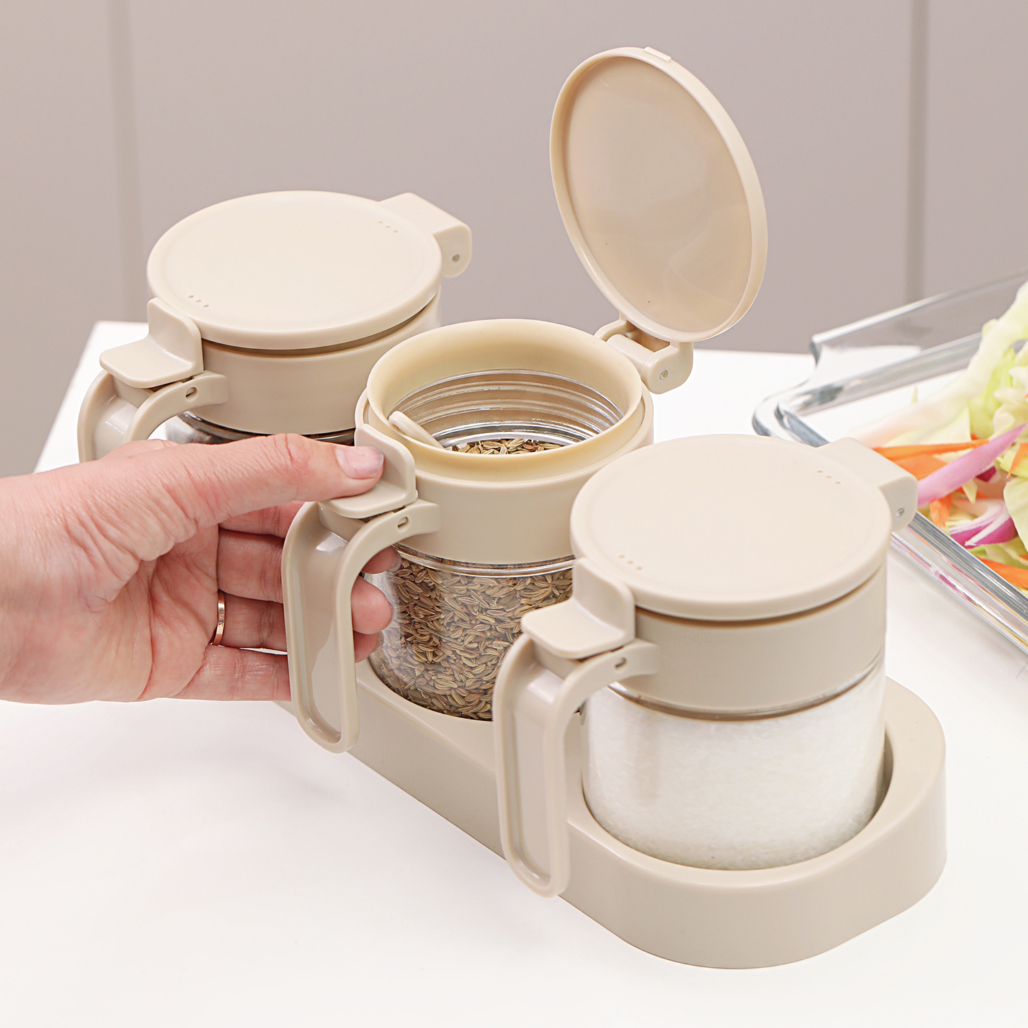 브리뷰 티오뜨 원터치 밀폐 유리 양념통세트, 1세트, 양념통 250ml(3p) + 스푼 3p + 트레이 + 스티커 15,700원