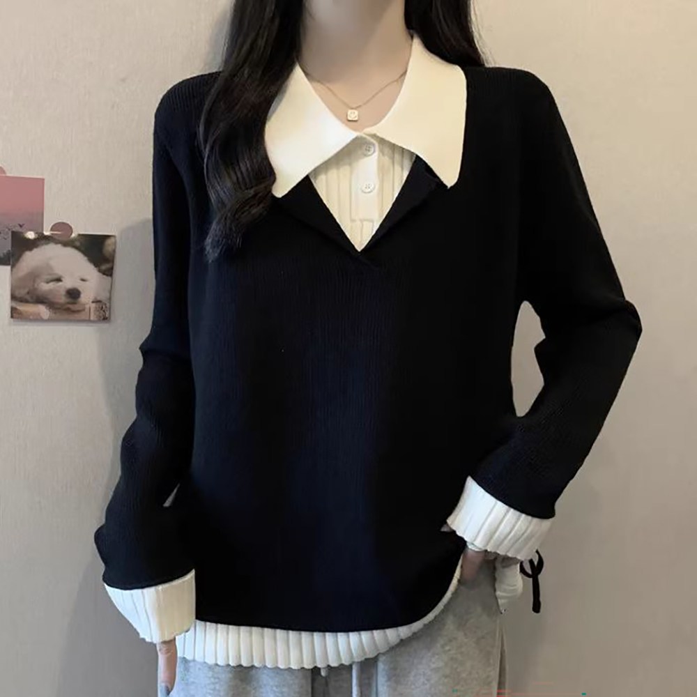 ROYALBELLE 여성 카라넥 레이어드 스타일 니트 포인트 배색 빅사이즈 니트티 E0102411 17,600원