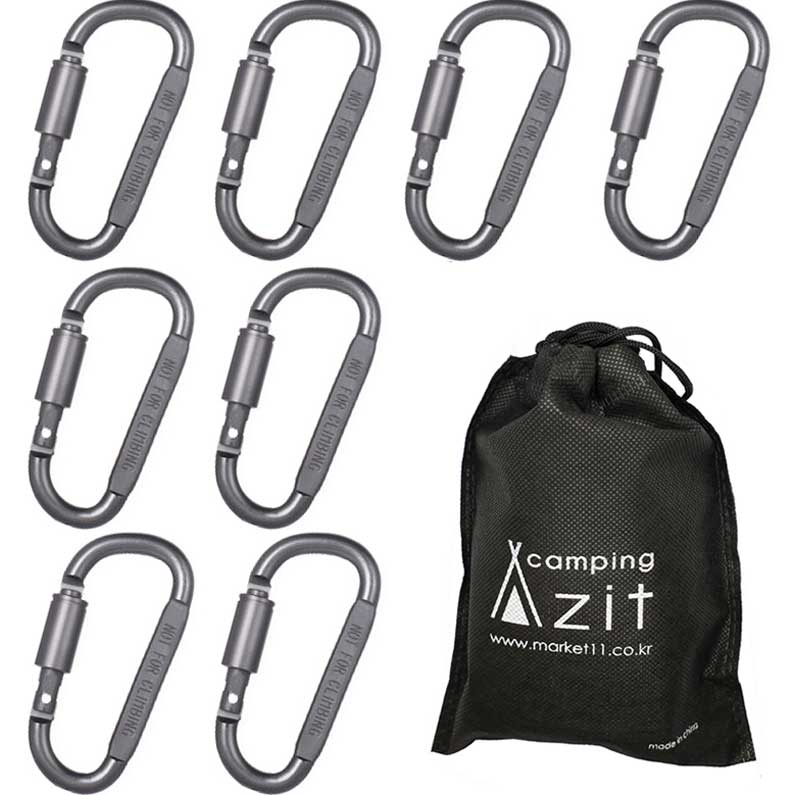 고강도 D형 두랄루민 락 카라비너 8p + 보관용 주머니 세트, 메탈 그레이, 1세트 7,900원