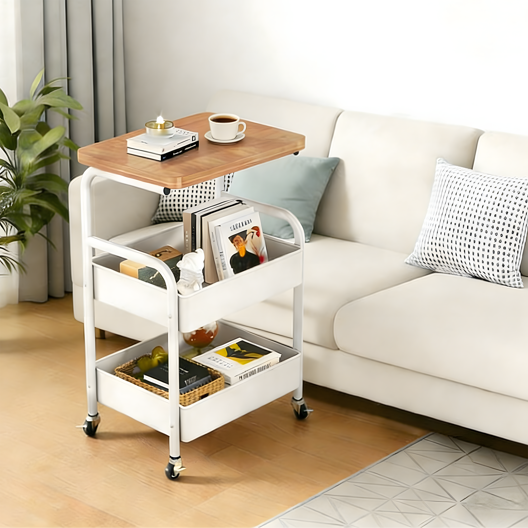 프란다스 바퀴달린 이동식 철재 가정용 360도 회전 트롤리, 원목 화이트, 3단 13,890원