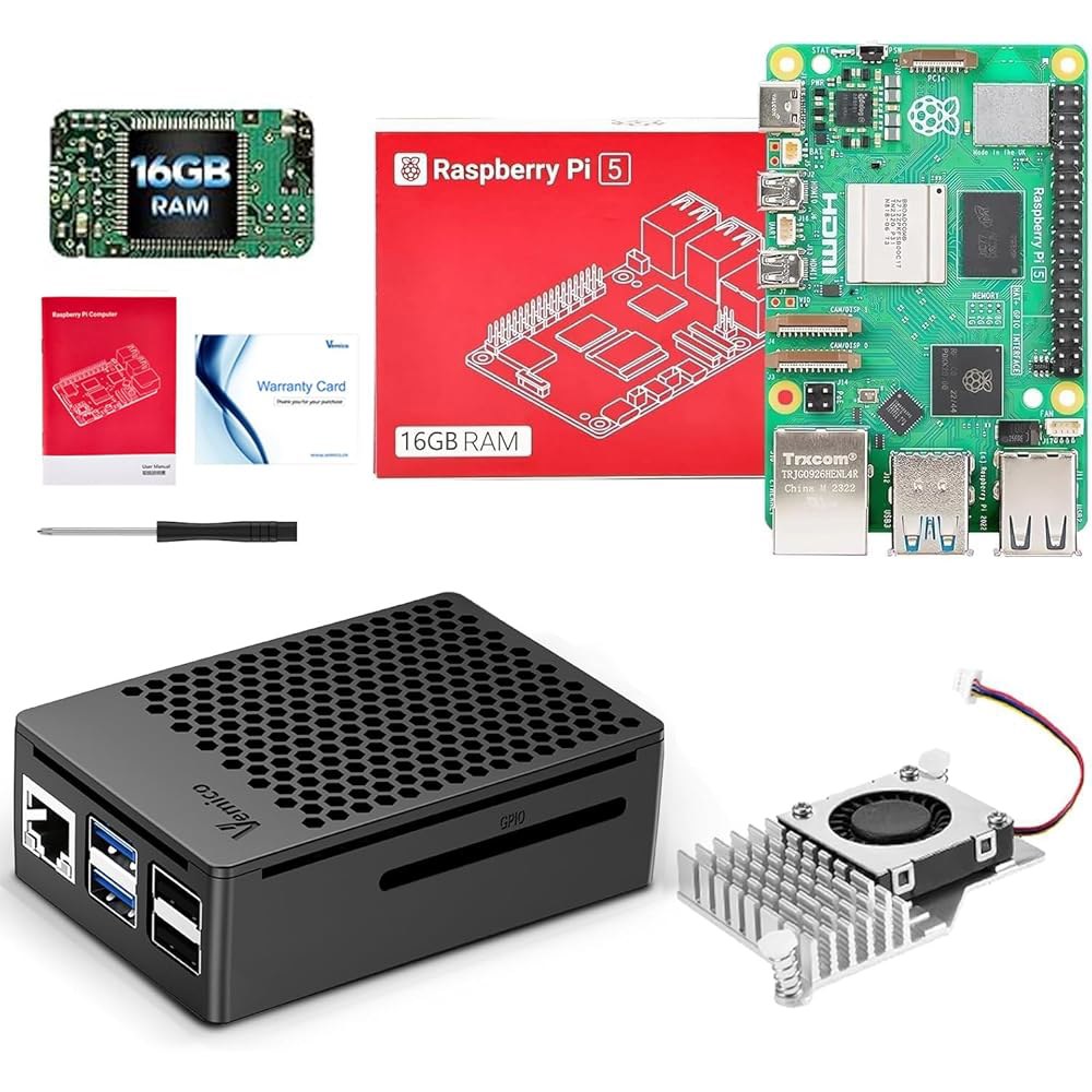 Vemico Raspberry Pi 5 16GB 키트(파이 보드 포함), 액티브 쿨러, 파이 보드용 보호 케이스, 보증 카드 및 드라이버(16GB RAM) 377,500원