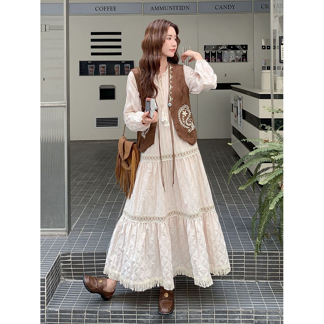 여성 봄 원피스 세트 빈티지 바캉스 롱 원피스 + 브이넥 베스트 프렌치 여자 투피스 세트 YXF 48,120원