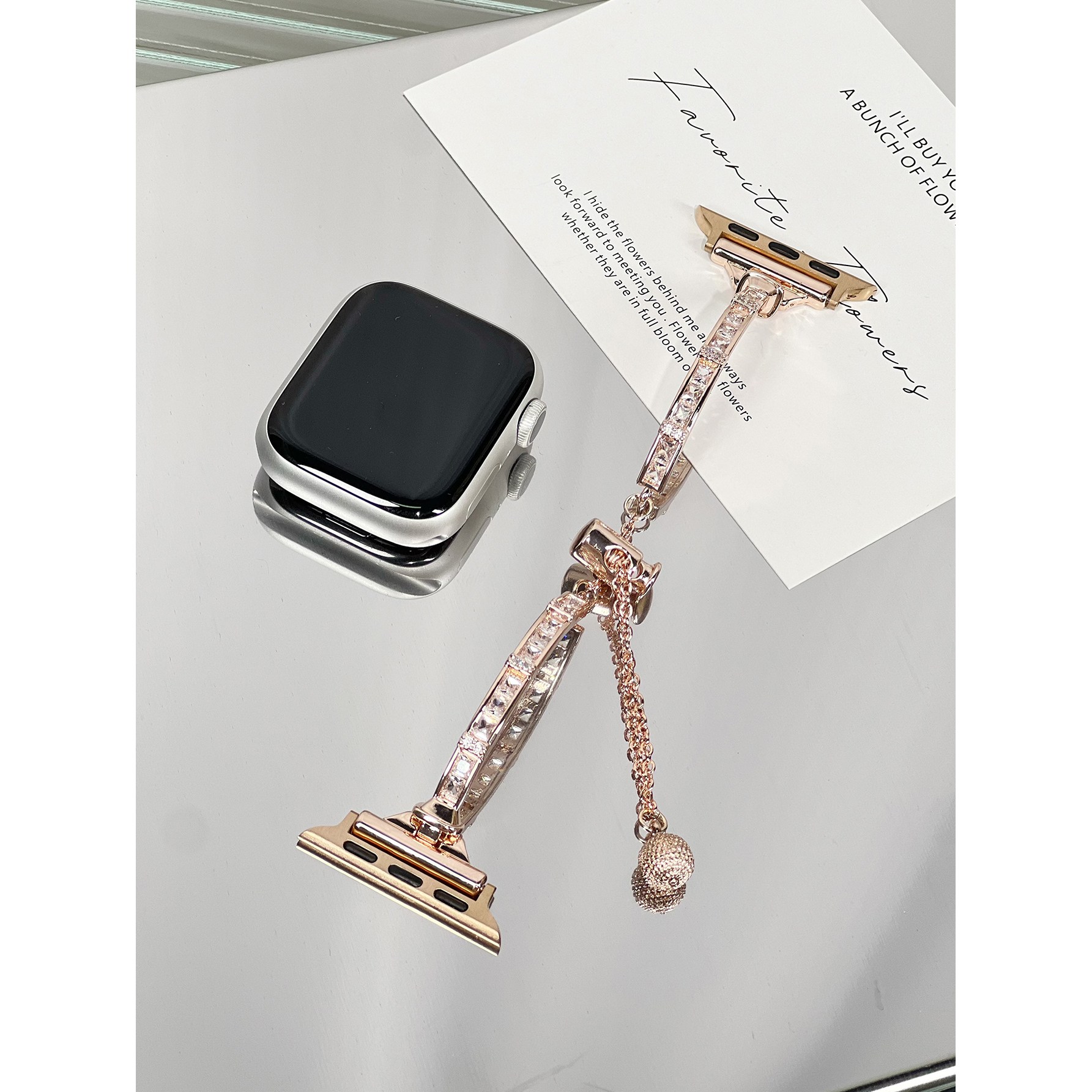 MAPUCE 구리 + 지르콘 팔찌 가늘다 스타일 시계줄, 애플워치 시리즈 Ultra/SE/11/10/9/8/7/6/5/4에 적합, 로즈골드 20,980원