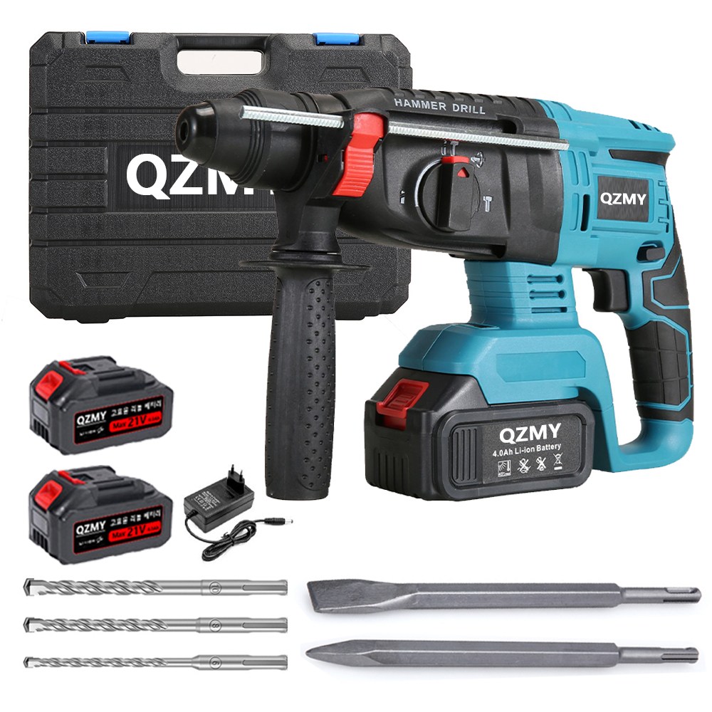 QZMY 독일기술 21V 무선 충전식 전기 파괴 함마 곡괭이 고출력 해머드릴 브러쉬리스 모터 핸드 전동 임팩트 드릴 콘크리트 전문 끌벽 자갈펀칭 4000mah배터리 총2개, 1개 198,450원