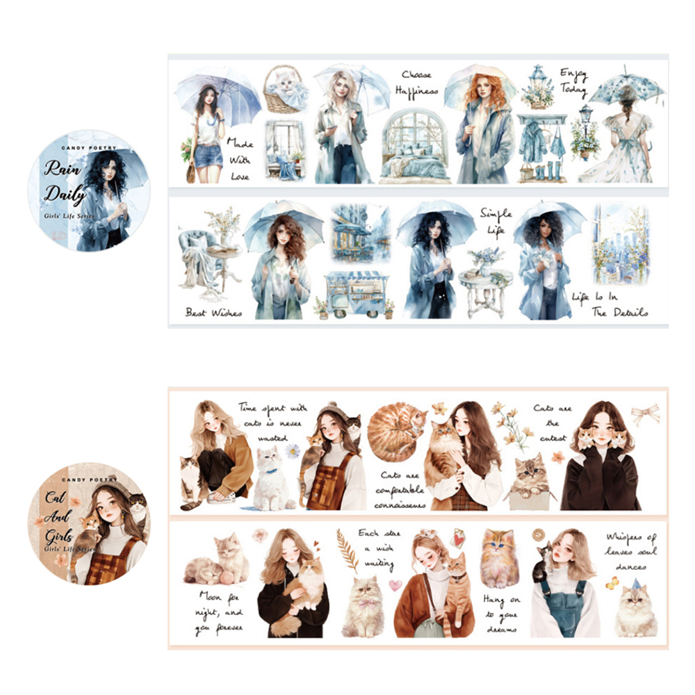 올리브파티 걸스라이프 인물 감성 다꾸 디자인마테 롤 스티커 2종 세트, 레인 + 캣, 1세트 8,900원