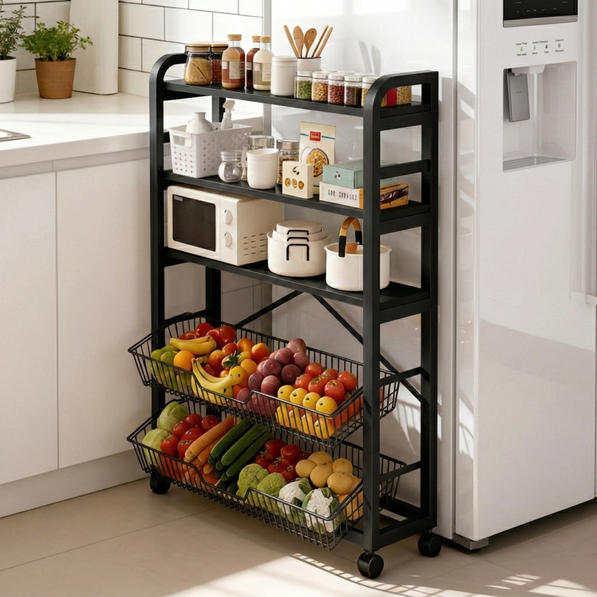 소프트엣지 이동식 렌지대 주방 수납장, 블랙+블랙 프레임, 5단 74,750원