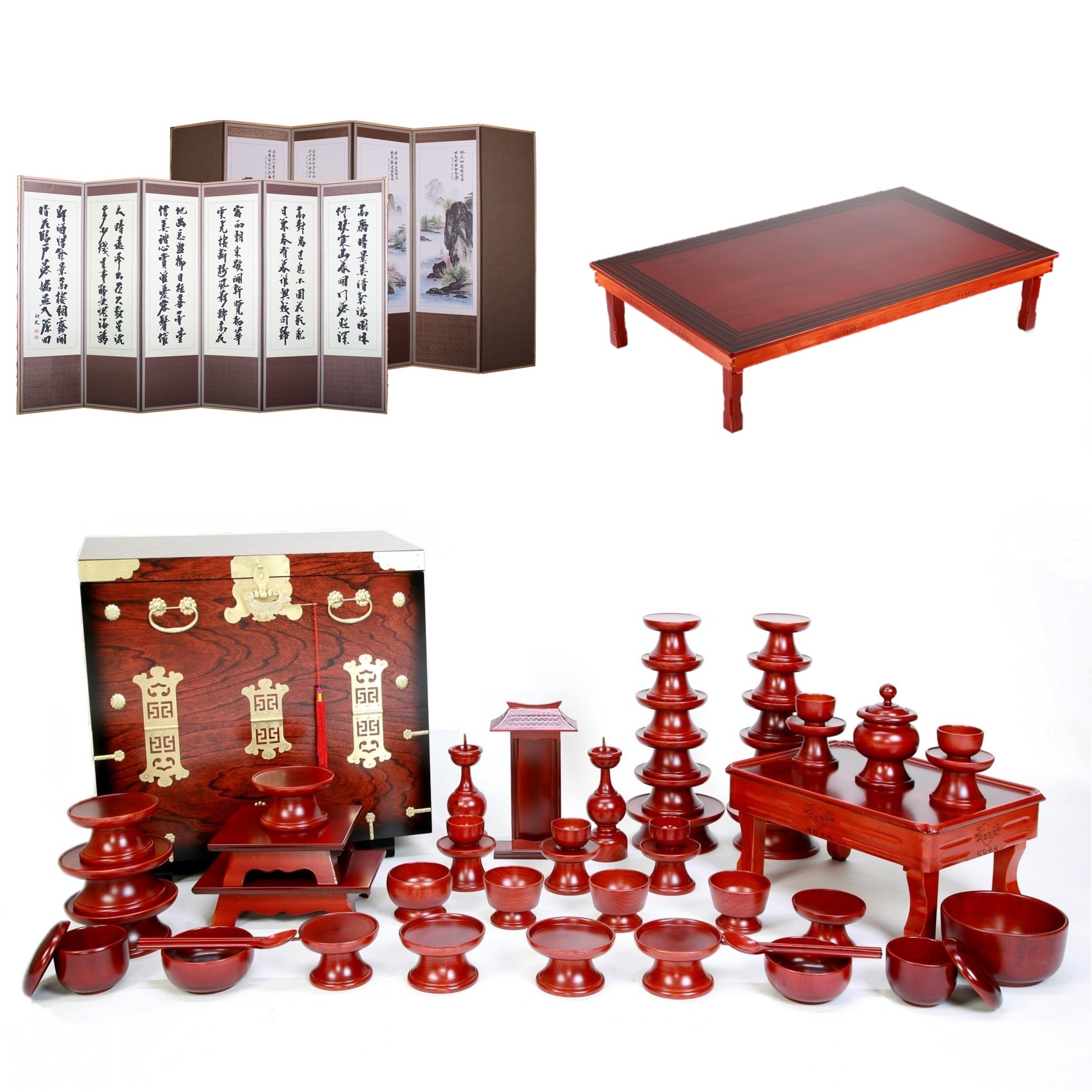 남원목기공예 문화재 물푸레 제기 55p+제기함+추사 산수화 6폭병풍+무전이도 80-120 제사상, 물푸레 제기 55p+제기함+6폭병풍+제사상, 1개 869,000원