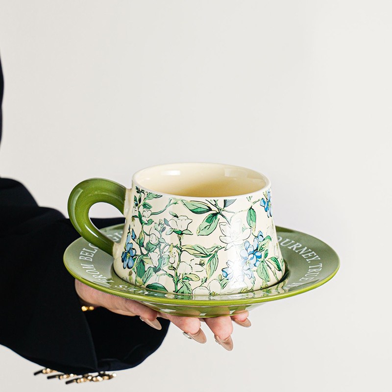 MorningSea 북유럽 산뜻하다 그린 빈티지 커피잔 예쁜 꽃무늬머그컵 도자기 우유 컵 14,800원