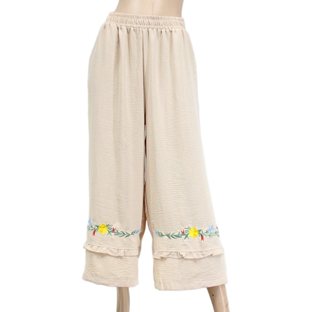 여성 면혼방 밑단 자수 밴딩 와이드 통바지 원마일웨어 봄가을 잠옷 18,800원