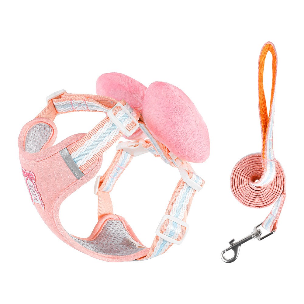 포아틀리에 강아지 마카롱 컬러 리본 하네스 리드줄 세트 부드러운 착용감 산책용 중소형견, 핑크pink, 1개 19,950원