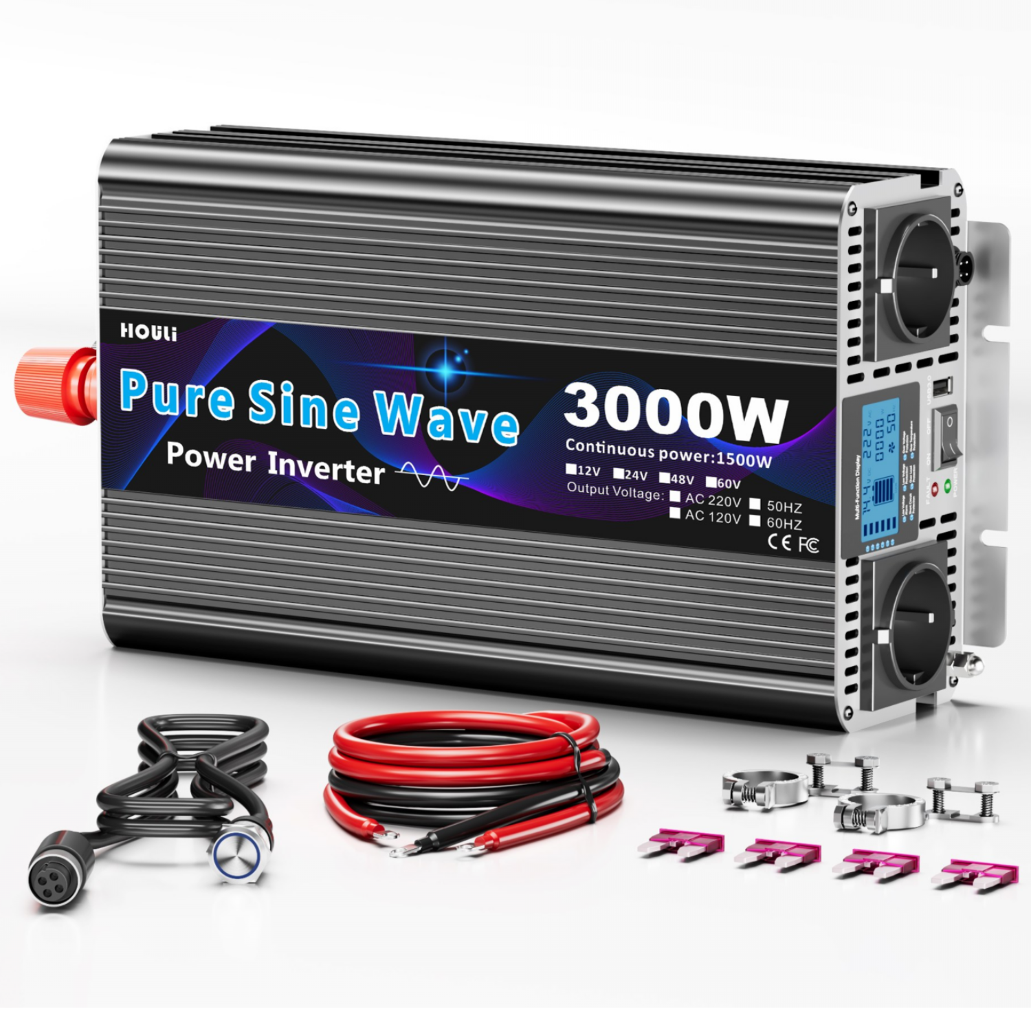 HOULI 자동차 인버터 순수 사인파 3000W 12V LCD 디스플레이 다중 보호 기능 가정용 RV에 적합 141,940원