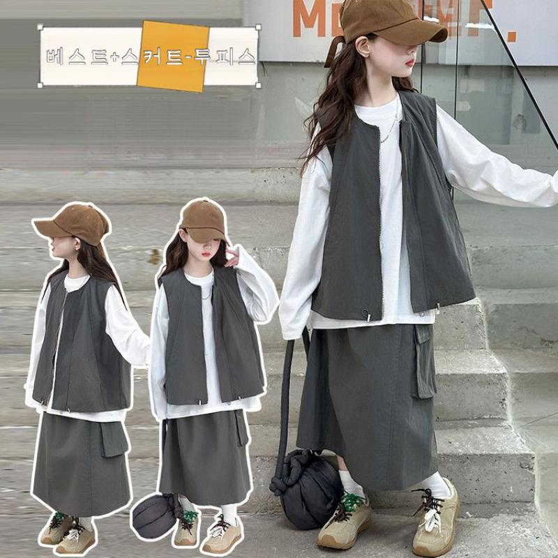 해피유통어린이 여자 봄가을 캐주얼 세트, 루즈핏 조끼+롱스커트, 패셔너블 베이직14세 이상 XG03 36,050원