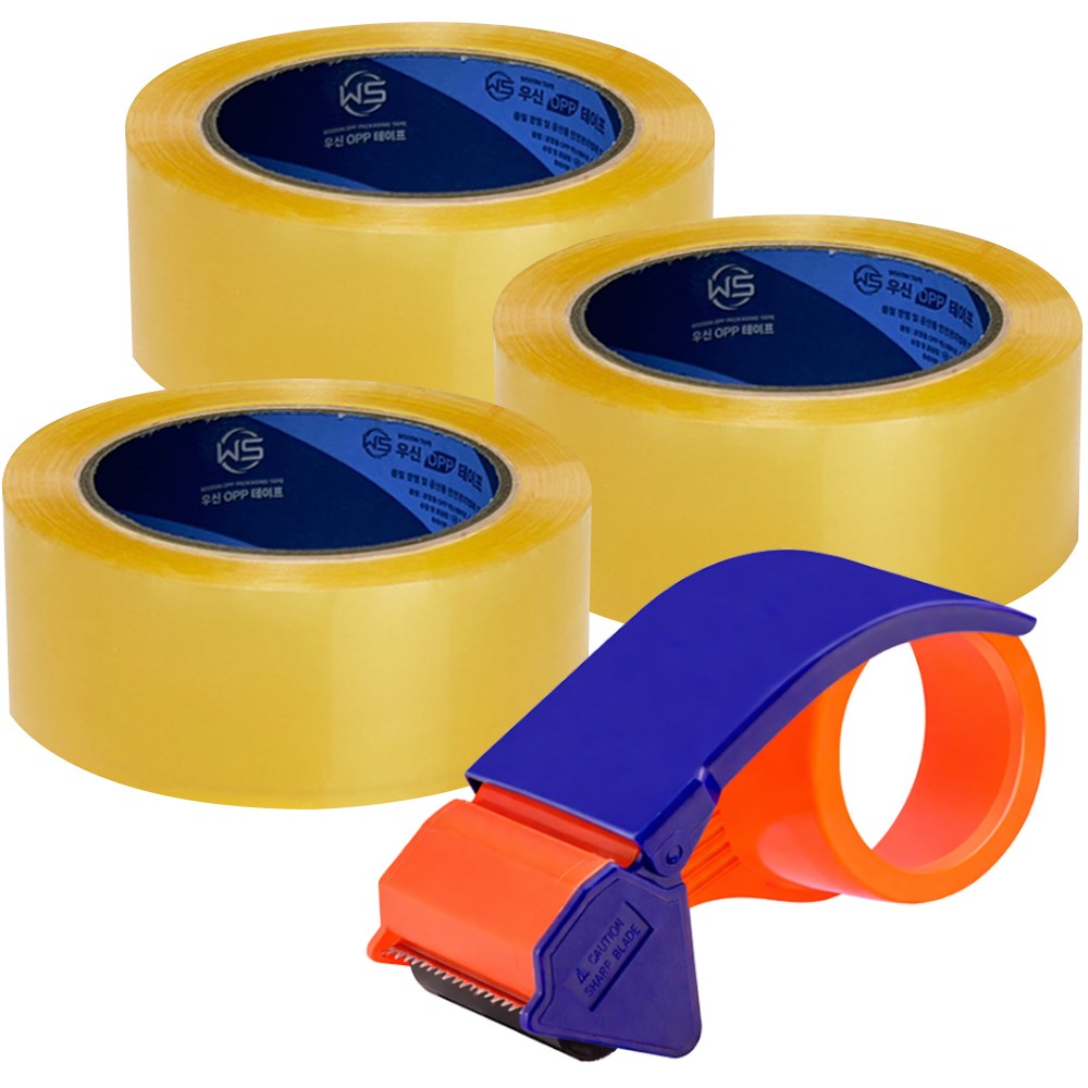 우신테이프 투명 박스테이프 OPP 택배 포장용 낱개 경포장 80M 3개 + 커터기, 1세트 8,500원
