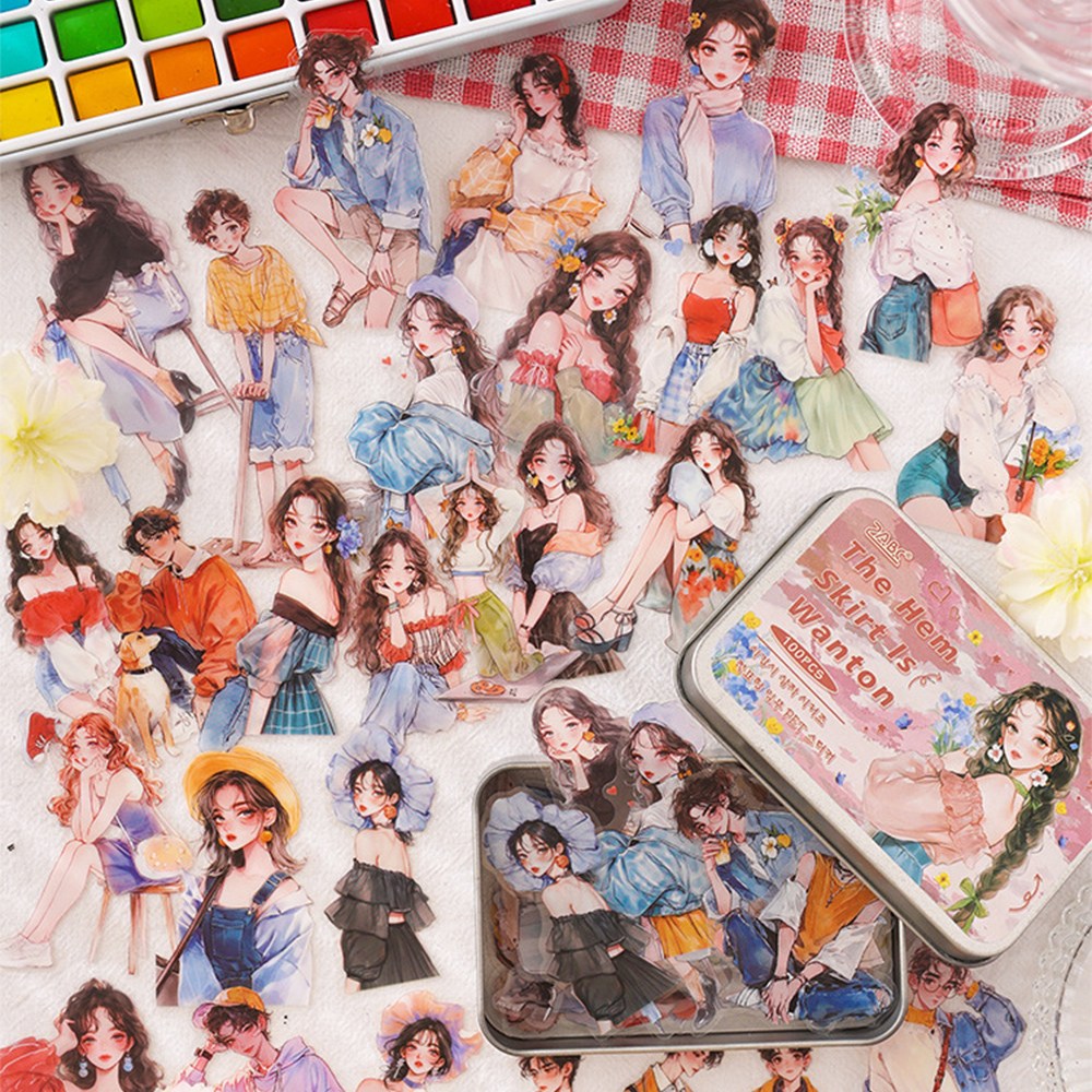 데일리펀 빈티지 감성 다꾸 틴케이스 인물 소녀 소년 투명 스티커 100p 세트, 100매, 핑크, 현재가 8,800원