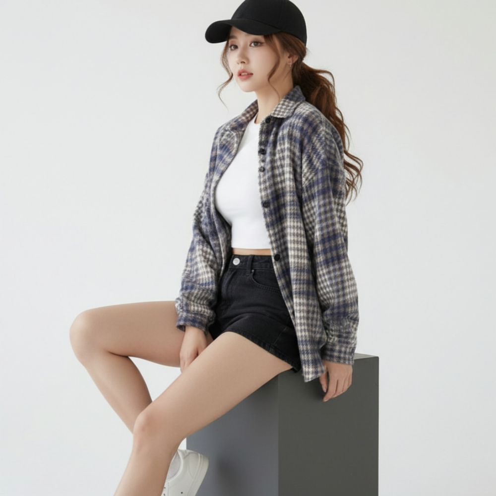 쁘띠엘라 캠퍼스룩 체크 남방 기모 셔츠 긴팔티 루즈핏 아우터 15,400원