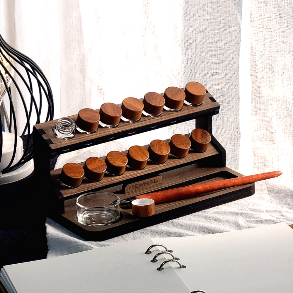 뉴멀 2단 공병거치대 (공병 14개+유리용기+우드거치대 SET) 5ml, 12ml, 25ml 공병, 잉크소분, 캘리그라피용 거치대, 1세트 16,000원