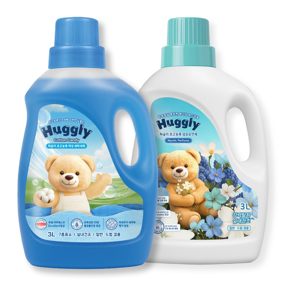허글리 액상 세탁세제 코튼캔디 3L + 허글리 섬유유연제 미스틱퍼퓸 3L 세트, 1세트 21,900원
