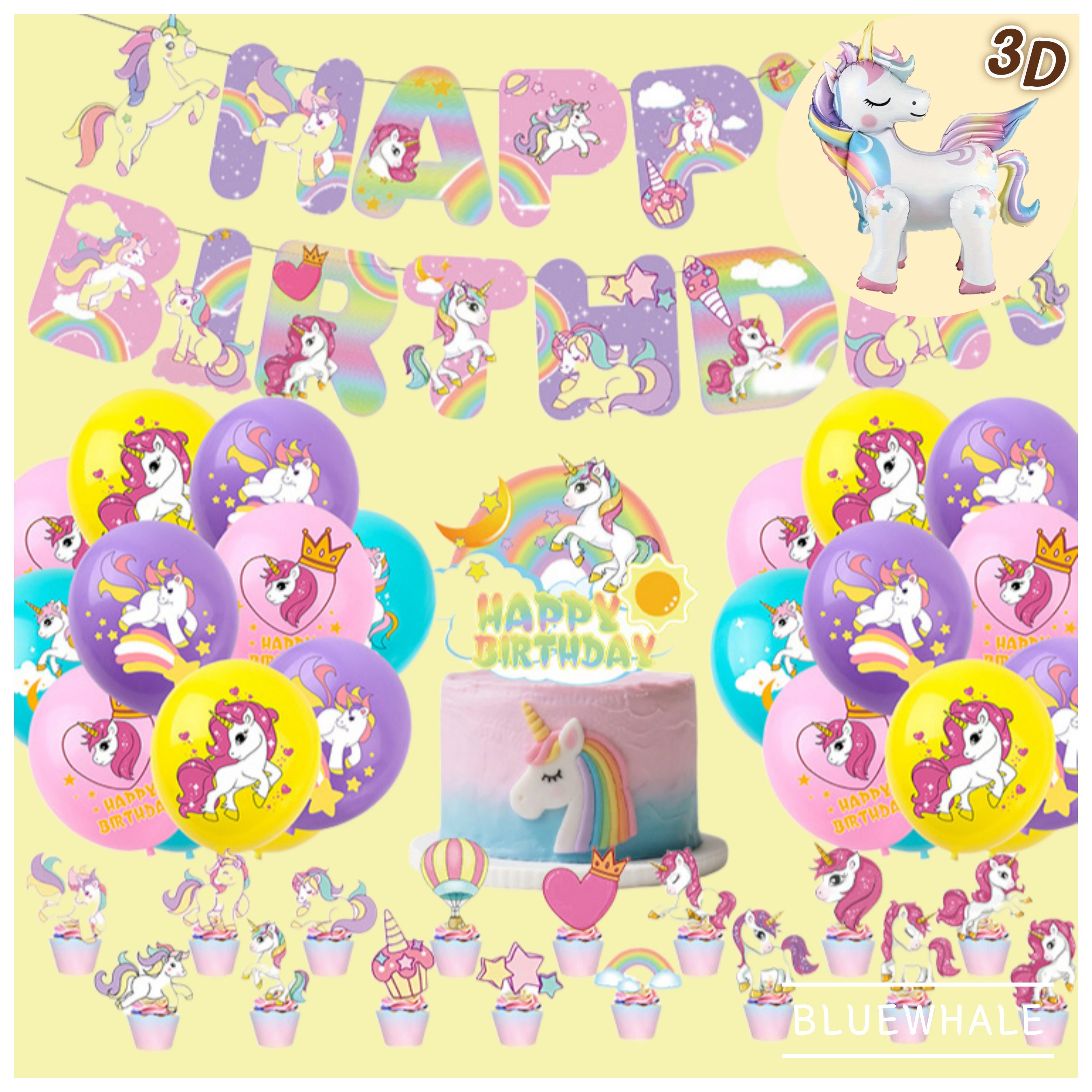 (국내배송 당일출고) 유니콘 테마 UNICORN HBD 생일 풍선세트 대형 3D 유니콘 풍선 어린이 홈파티 파티용품 이벤트풍선, 1세트, 유니콘 19,070원