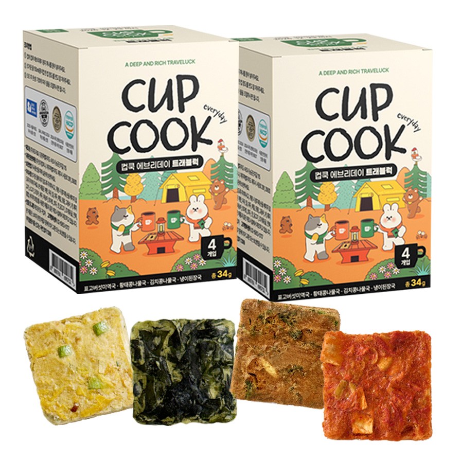 여행필수템 5초 완성 국산 재료 프리미엄 동결건조 블럭국 4가지 맛이 한 박스에 담긴 컵쿡에브리데이 트래블럭, 2개, 34g 18,200원