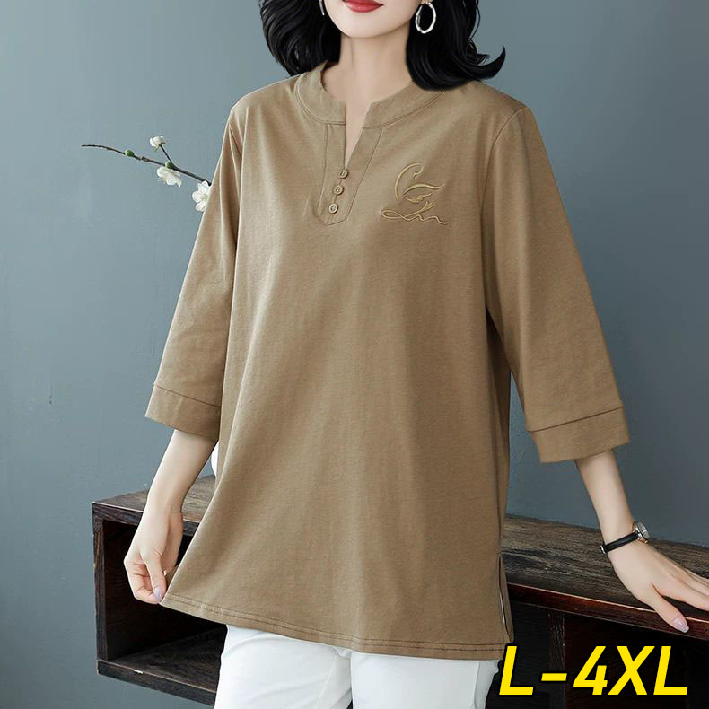 WEIHAN 빅사이즈 여성 캐주얼 브이넥 자수 반팔티 루즈핏 7부소매 반팔 블라우스 데일리룩 19,800원