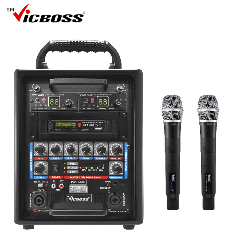VICBOSS PWA-632UB 200W 2채널 무선 마이크 스피커 버스킹 공연 강의 강연 연설 학교 수련회 행사용 충전식 이동식 휴대용 포터블앰프 블루투스 USB 녹음 빅보스 700,000원