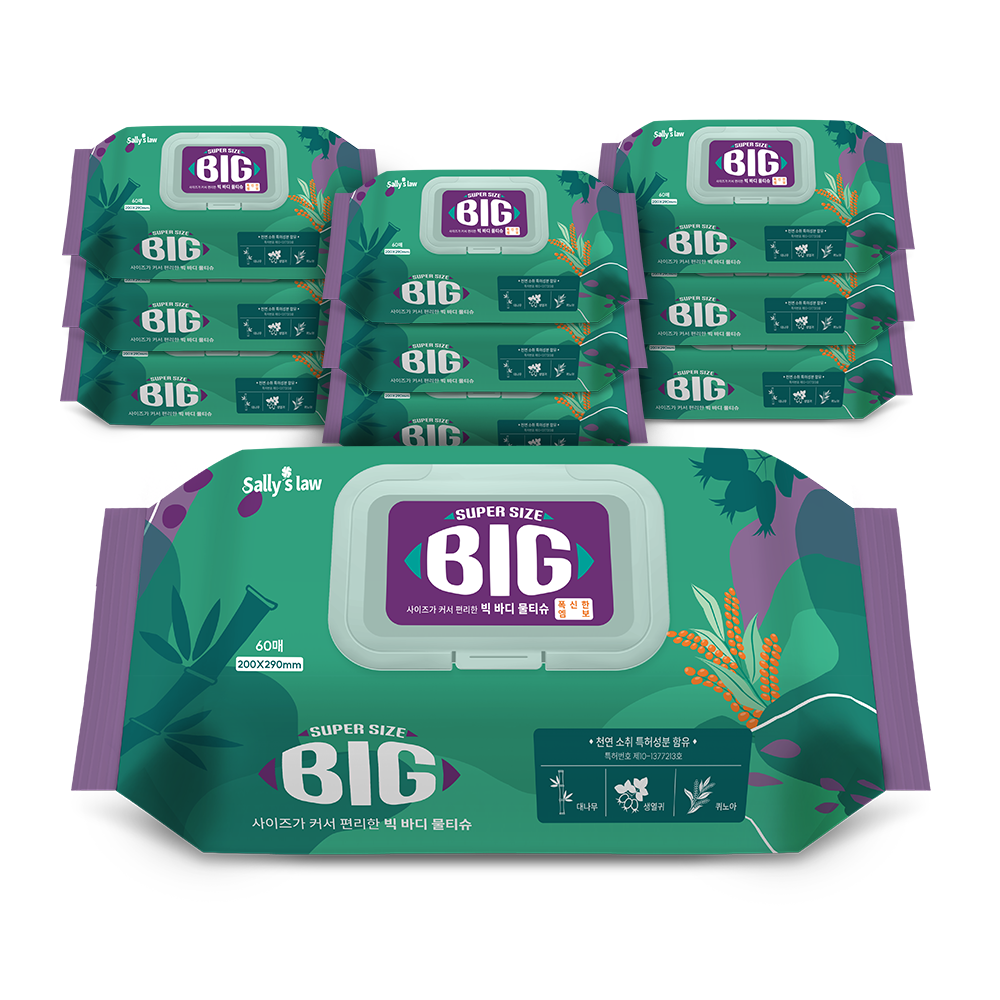 샐리의법칙 사이즈가 커서 편리한 슈퍼사이즈 빅 물티슈 엠보 200*290mm 60매, 60개입, 10개, 60g 18,900원