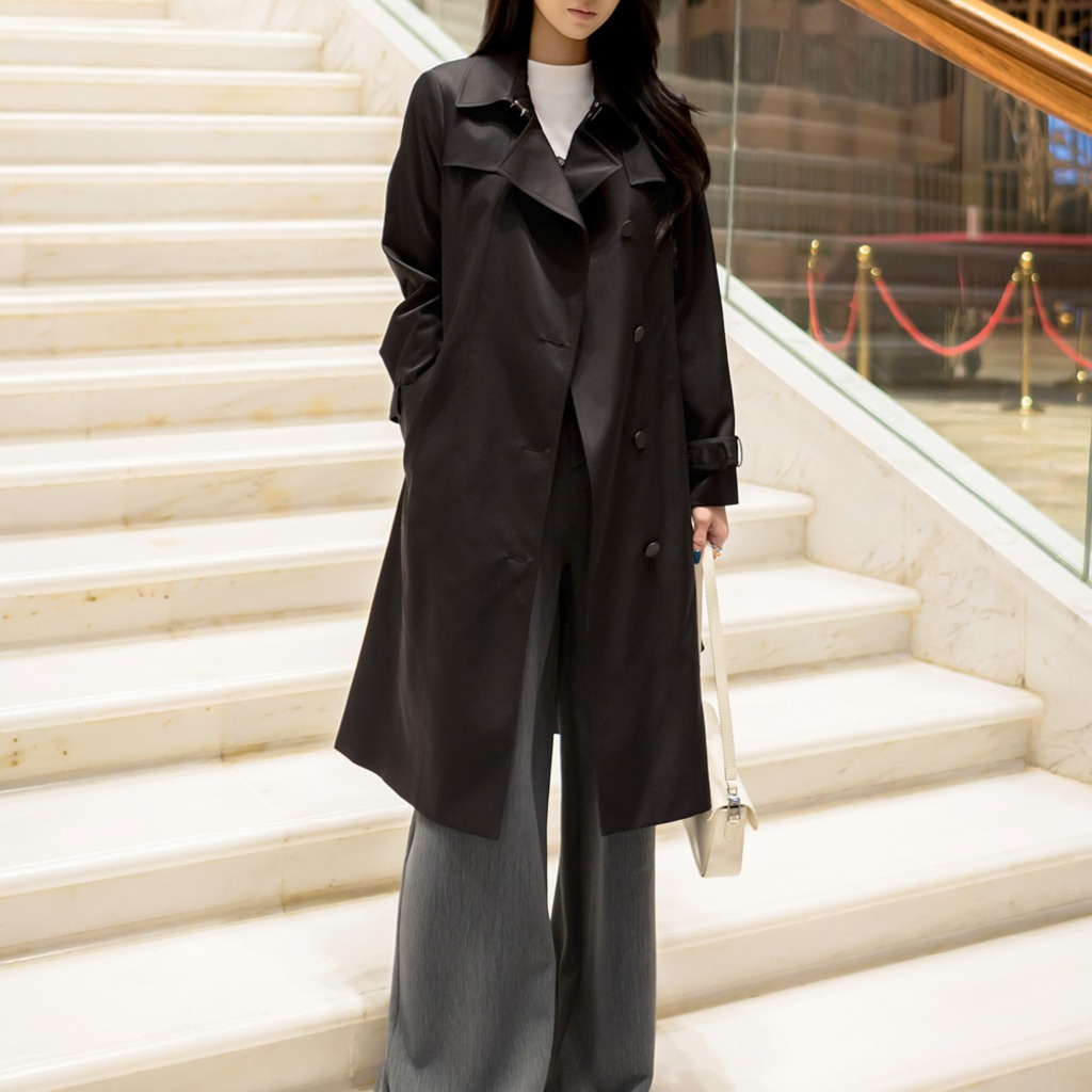 블랙 슬림핏 더블 트렌치코트 스퀘어카라 벨티드 구김 적은 오피스·데일리 아우터 68,000원