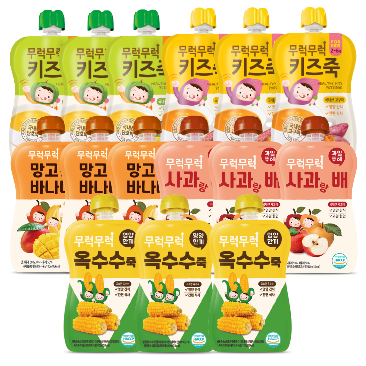 무럭무럭 키즈죽,과일퓨레 알뜰 15팩(옥수수,단호박,고구마,사과배,망고바나나 각 3팩) 34,800원