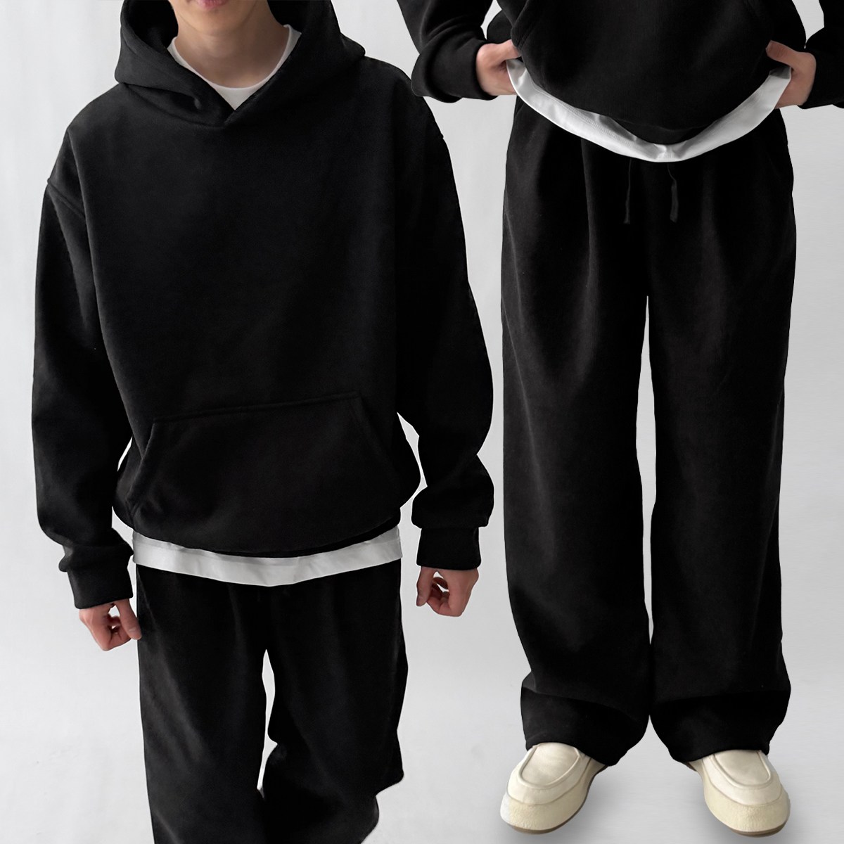 [세트가격] 빠델 베베 골덴 코듀로이 양털안감 후드티 와이드팬츠 핀턱 스트링 트레이닝 츄리닝 셋업 54,800원