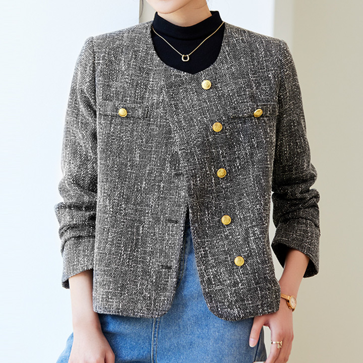 퀸이즈 여성용 노카라 금장버튼 트위드 자켓 28,930원
