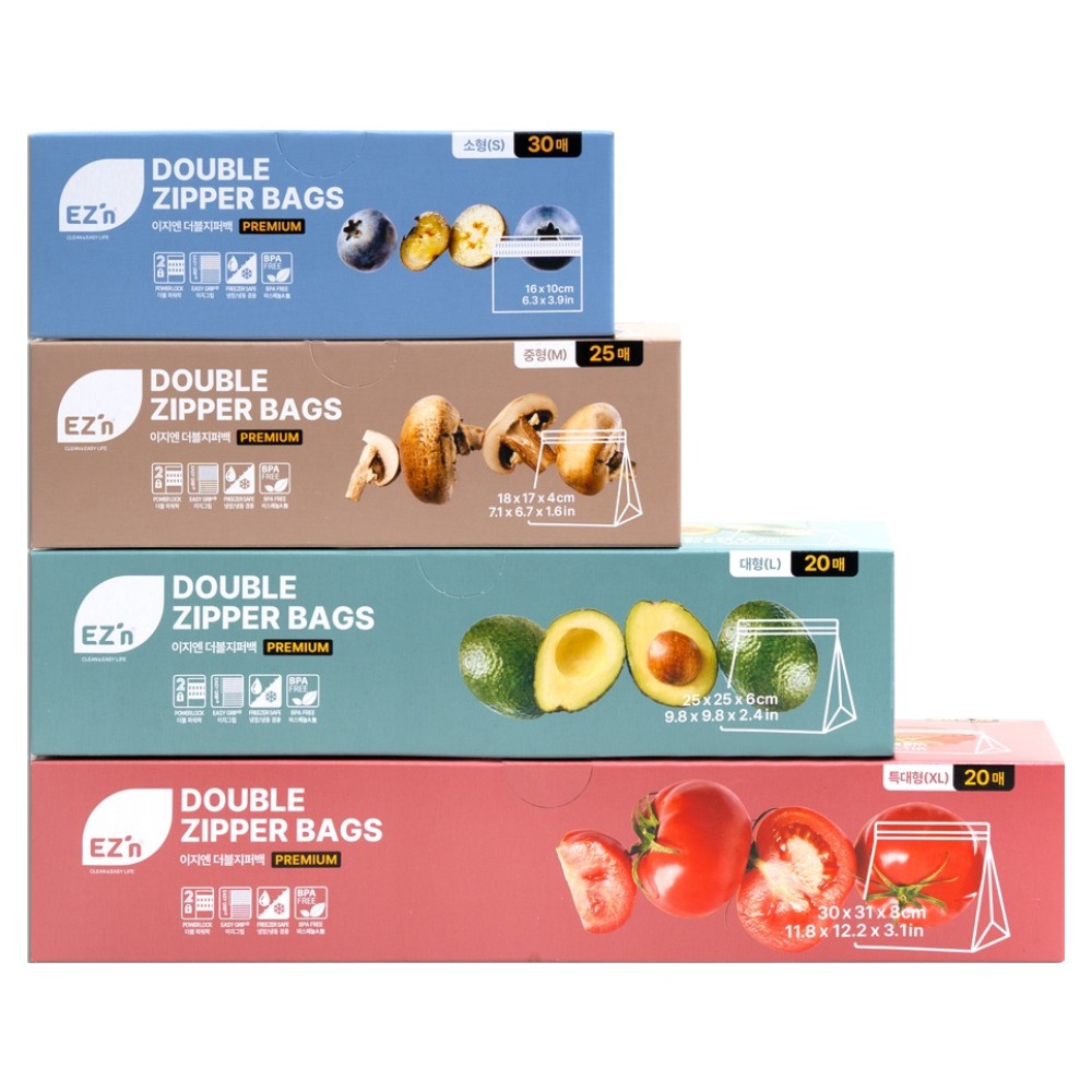 EZn이지엔 프리미엄 더블지퍼백 소형 30p + 중형 25p + 대형 20p + 특대형 20p 세트 18,740원