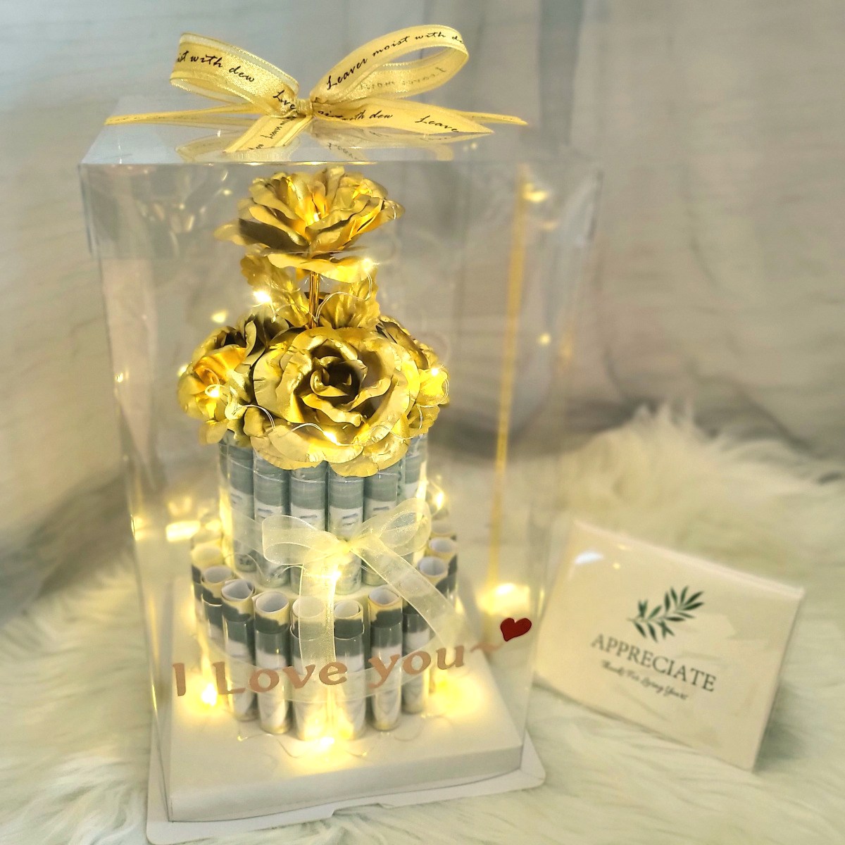 어버이날카네이션 장미꽃 용돈박스 돈케이크 선물 레터링+LED+메세지카드, 금 장미 2단 돈케이크, 1개 39,900원