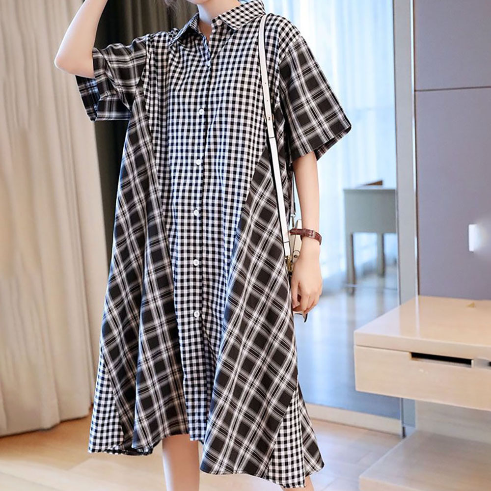 로르카 여성 카라넥 체크 패턴 버튼 루즈핏 롱 반팔 원피스 T06031632 22,300원