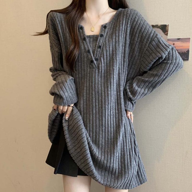 QEWBG   골지 V넥 여성 가을겨울 긴팔 티셔츠 루즈핏 롱 상의 23,300원