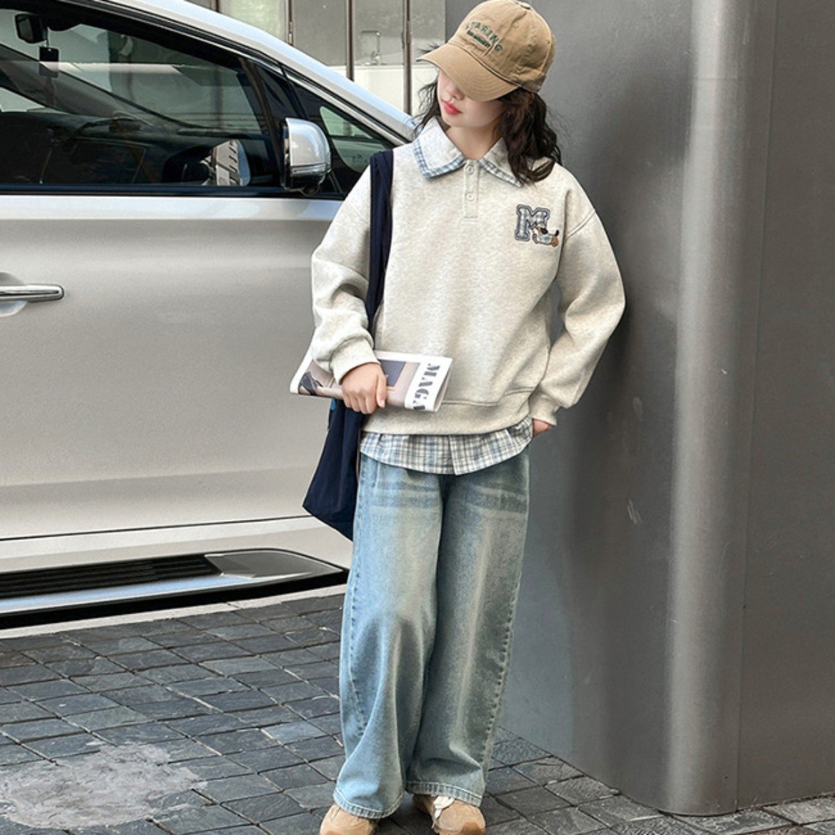 나나키즈 여아 신상 봄 가을 초중생 M 강아지 자수 체크 페이크레이어드 카라티 상하복 세트 주니어 긴팔 상의+하의 세트 초등생 데님 긴바지  (R181), 현재가 46,800원