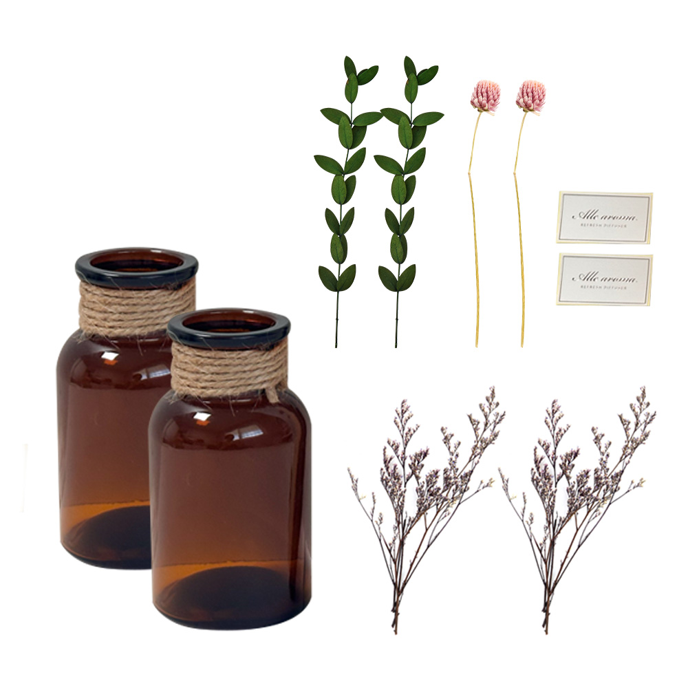 프리저브드 드라이플라워 세트 + 유리화병 시약병 130ml 2P, 천일홍 유칼립투스 미스티블루 드라이플라워 섬유스틱 세트 8,900원