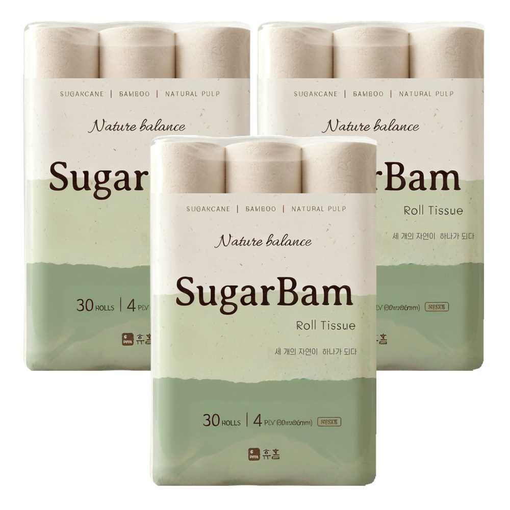 휴홈 무표백 사탕수수 대나무 4겹 슈가밤 화장지 30m, 30롤, 1팩, 3개, 30롤, 30m 53,400원
