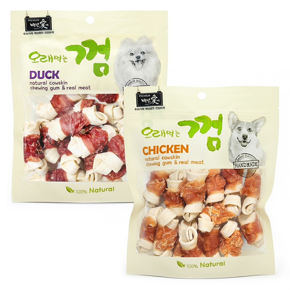 백년애 고기가 2배 이상 말린 오래먹는 개껌 강아지 간식 껌 치석 제거, 250g, 1세트, 혼합 12,500원