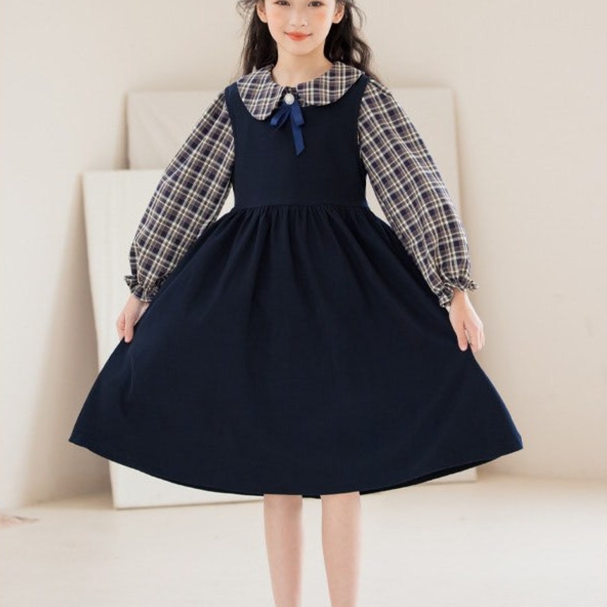 해피델리 주니어 러브송 리본체크 카라BL + 원피스 세트 체크블라우스원피스 클래식 긴팔 플레어 셔츠원피스룩 34,100원