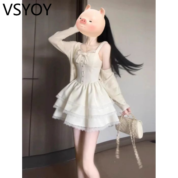 vsyoy 프랑스 달콤한 독특한 슈퍼 잘 생긴 카디건 코트 푹신한 케이크 원피스 봄과 가을 착용을위한 투피스 세트 57,570원