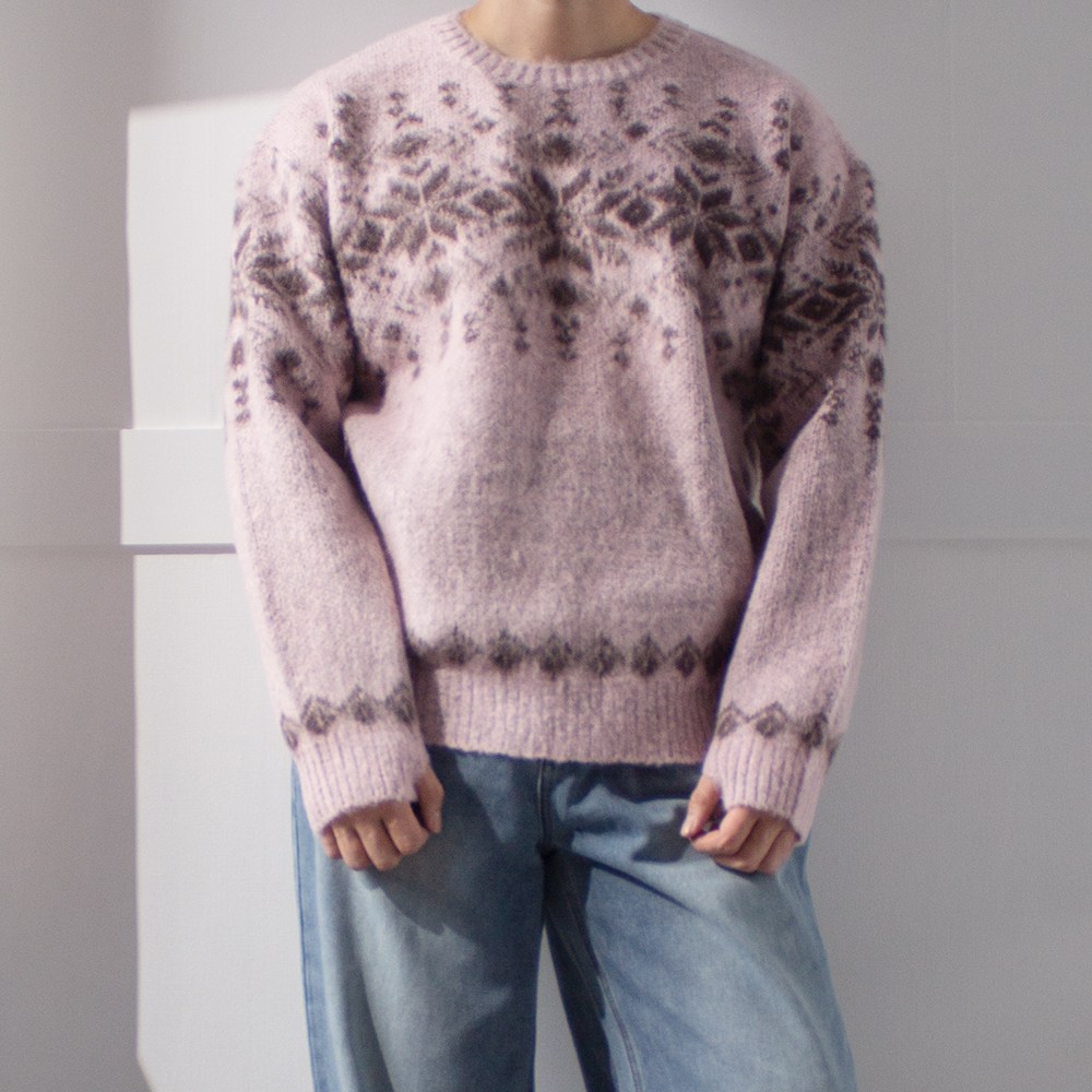 오드아이스트릿 노르딕 모헤어 눈꽃 라운드 니트 / 도톰 부드러운 자가드 워머 니트 남 녀 공용 39,500원