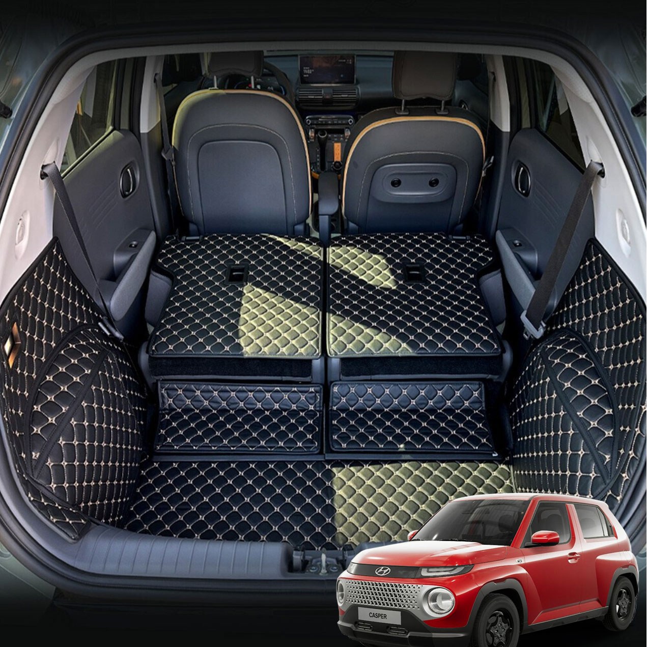 알브이모터스 3D 가죽 퀼팅 풀커버 트렁크 매트 캐스퍼 가솔린 전용 풀세트 (더뉴 캐스퍼 가솔린 호환 인스퍼레이션), 블랙+골드스티치 111,000원