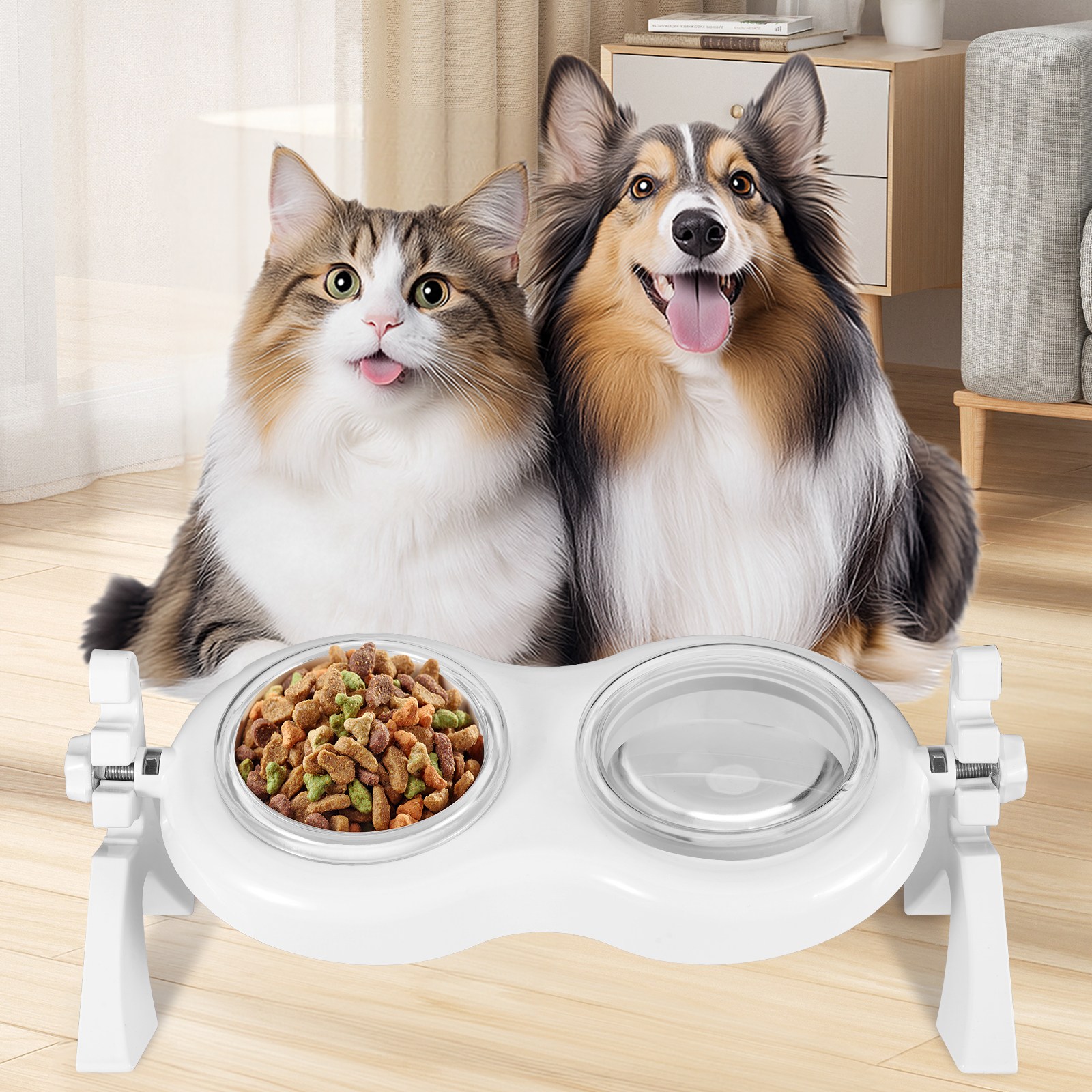웰스타 강아지 고양이 밥그릇 2구 높이조절 목 보호 식기+식탁 세트, 1세트, 화이트 16,800원